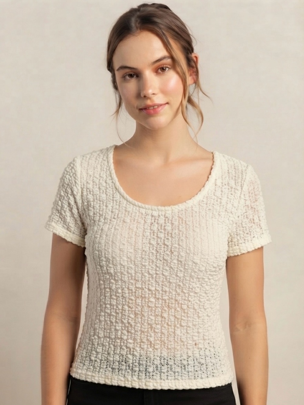Cream Textured Short-Sleeve Top